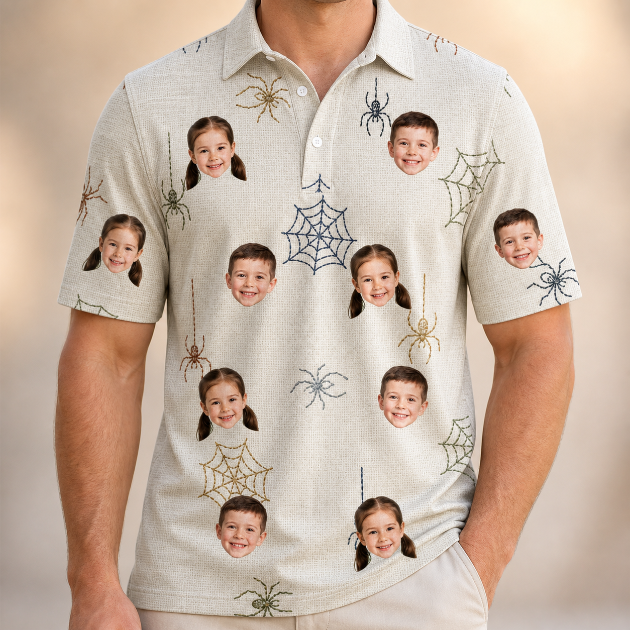 Model wearing Men's Gossamer Ghouls Custom Face Polo Shirt printed with kids' faces