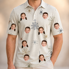 Model wearing Men's Gossamer Ghouls Custom Face Polo Shirt printed with kids' faces