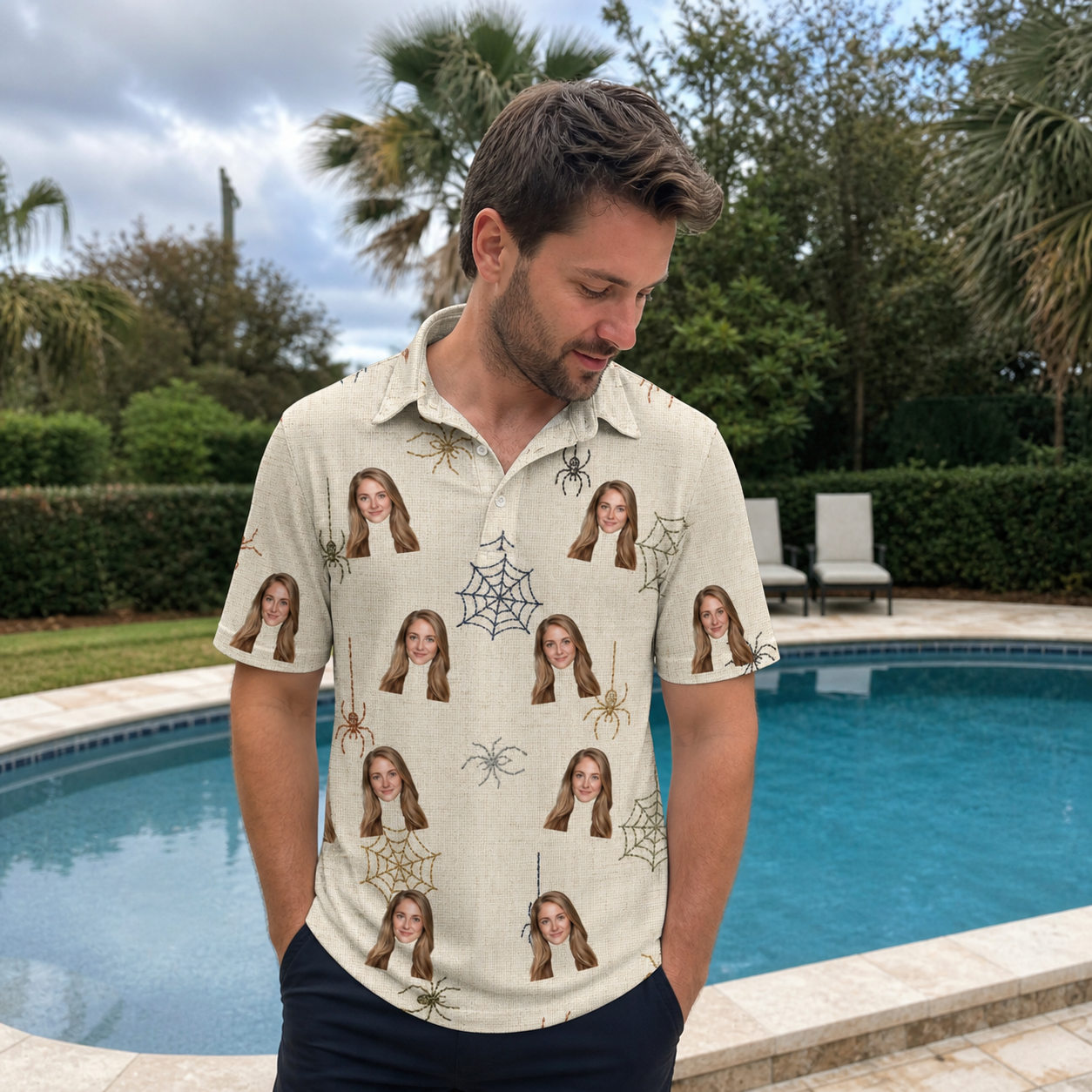 Real-life photo of someone wearing Men's Gossamer Ghouls Custom Face Polo Shirt — custom faces printed all-over
