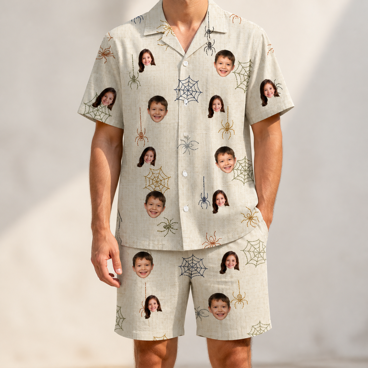 Model wearing Men's Gossamer Ghouls Custom Face Shirt & Shorts Set printed with kids' faces