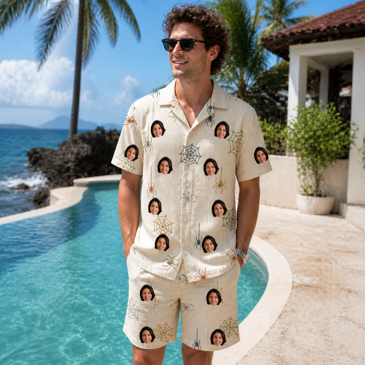 Real-life photo of someone wearing Men's Gossamer Ghouls Custom Face Shirt & Shorts Set — custom faces printed all-over