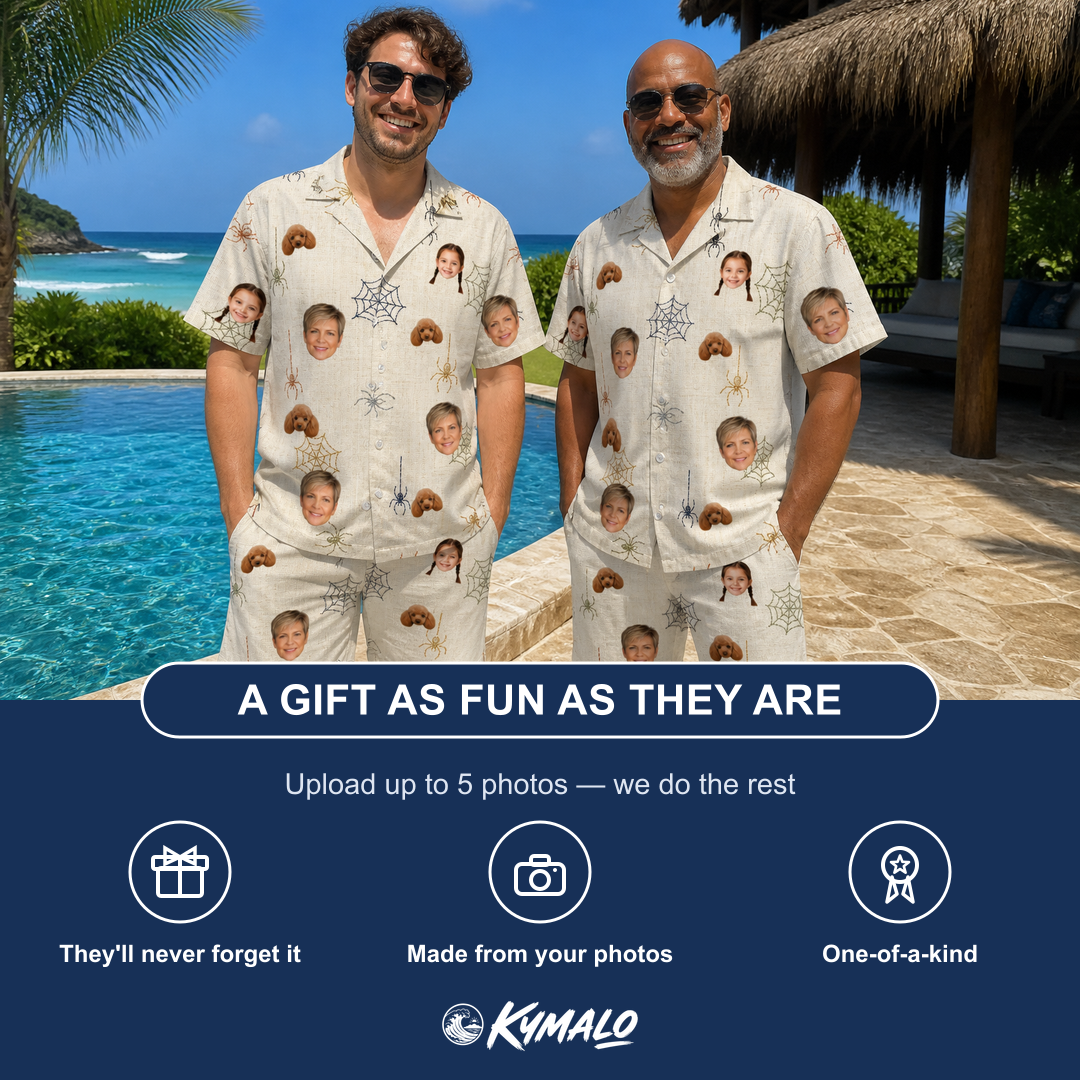 Friends in matching Men's Gossamer Ghouls Custom Face Shirt & Shorts Set — a group gift photo
