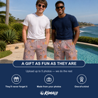 Friends in matching Men's Silken Scare Custom Face Beach Shorts — a group gift photo