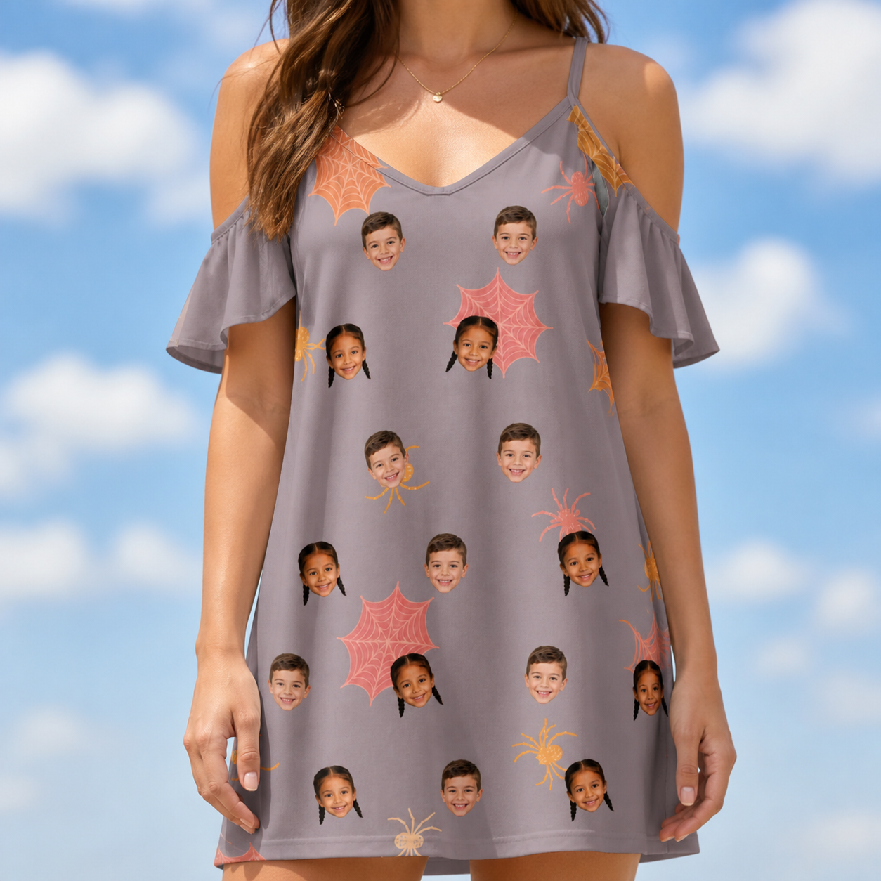 Model wearing Women's Silken Scare Custom Face Off-Shoulder Dress printed with kids' faces