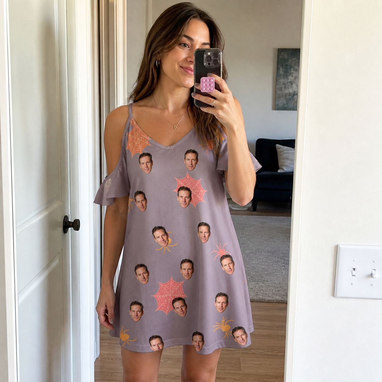 Real-life photo of someone wearing Women's Silken Scare Custom Face Off-Shoulder Dress — custom faces printed all-over