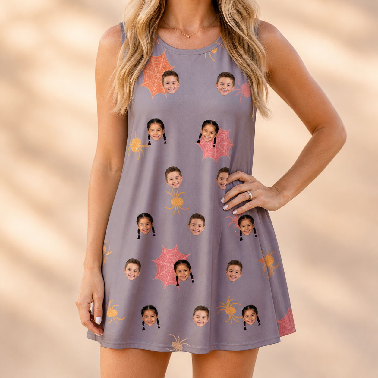 Model wearing Women's Silken Scare Custom Face Tank Dress printed with kids' faces