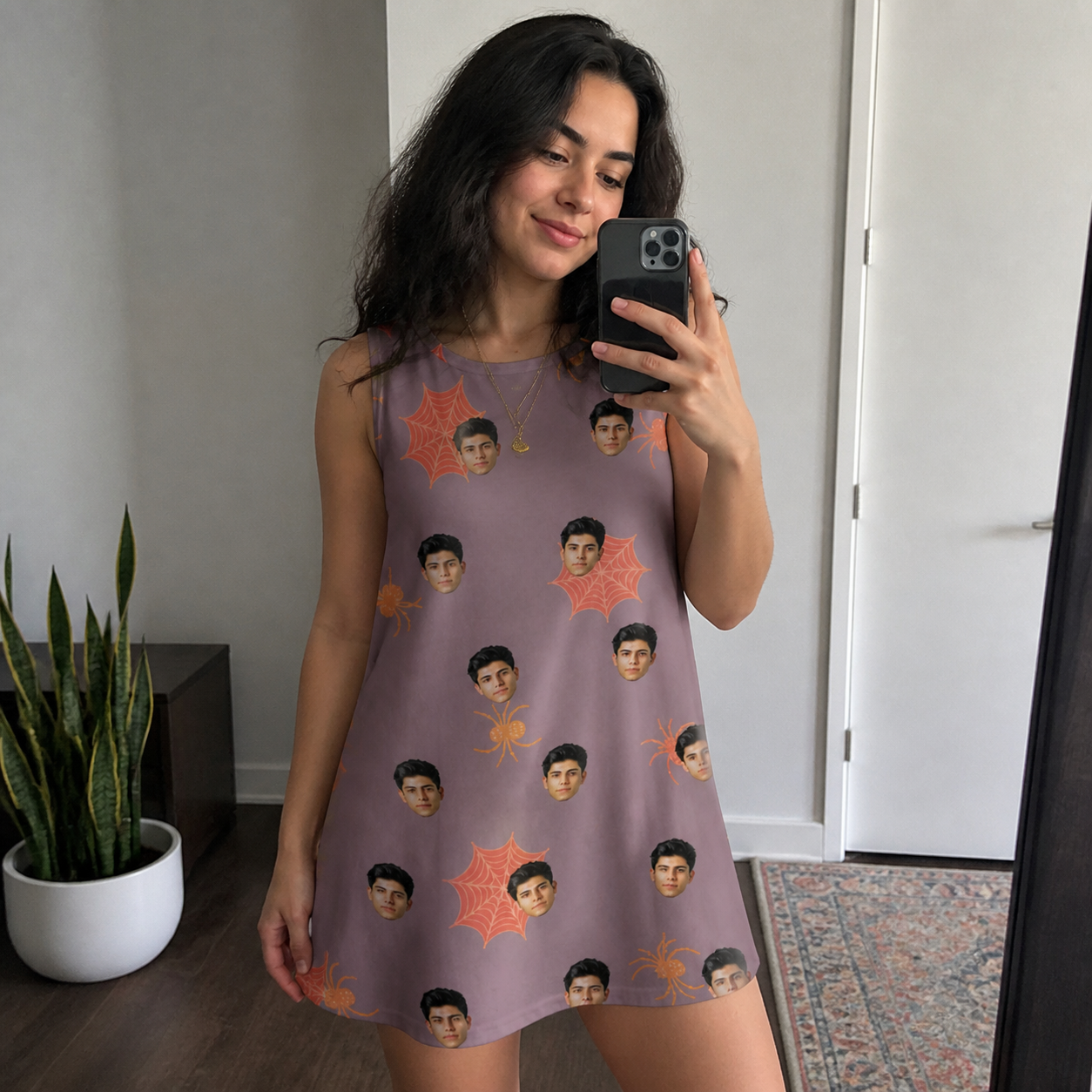 Real-life photo of someone wearing Women's Silken Scare Custom Face Tank Dress — custom faces printed all-over
