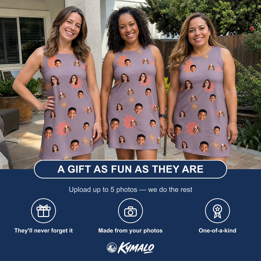 Friends in matching Women's Silken Scare Custom Face Tank Dress — a group gift photo