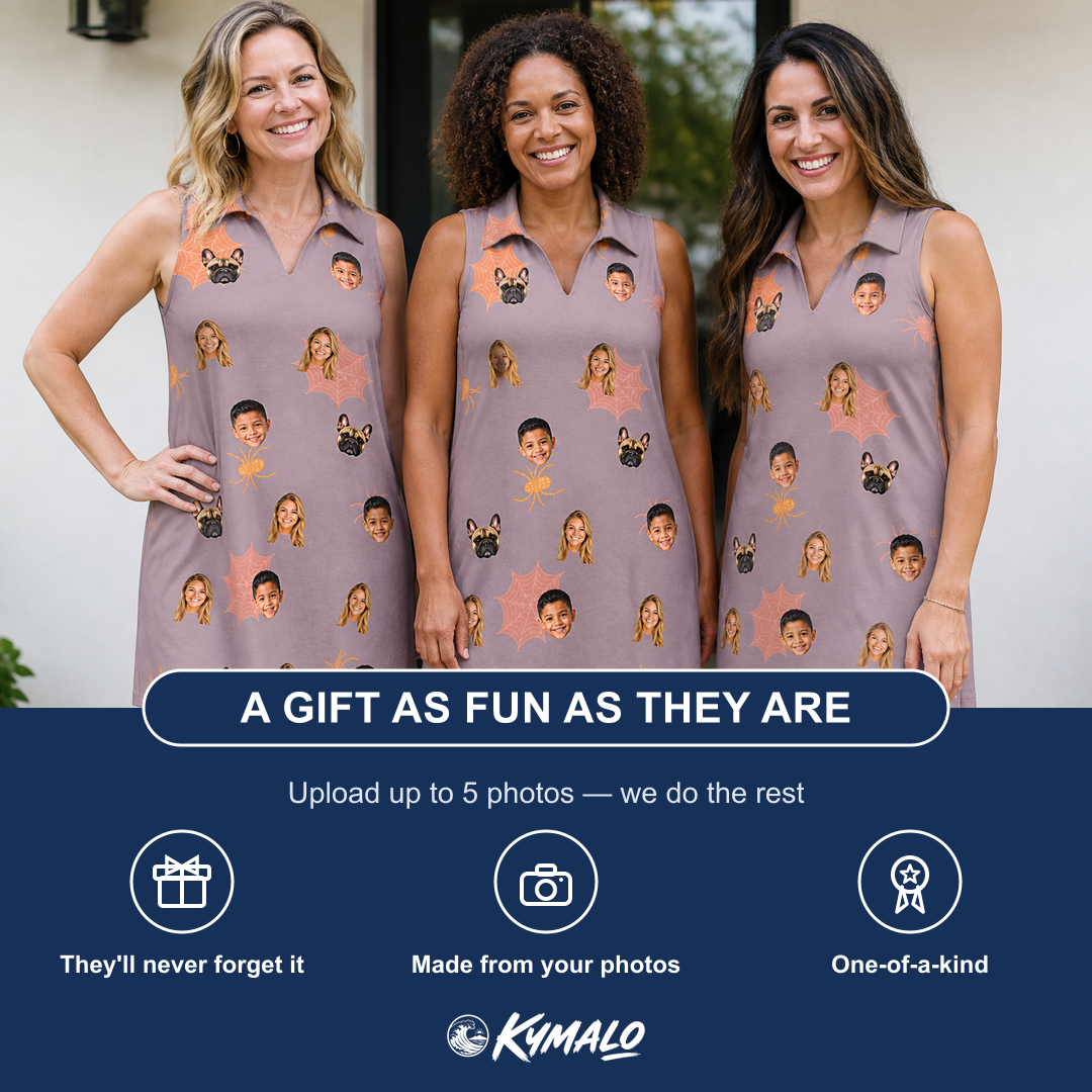 Friends in matching Women's Silken Scare Custom Face V-Neck Dress — a group gift photo