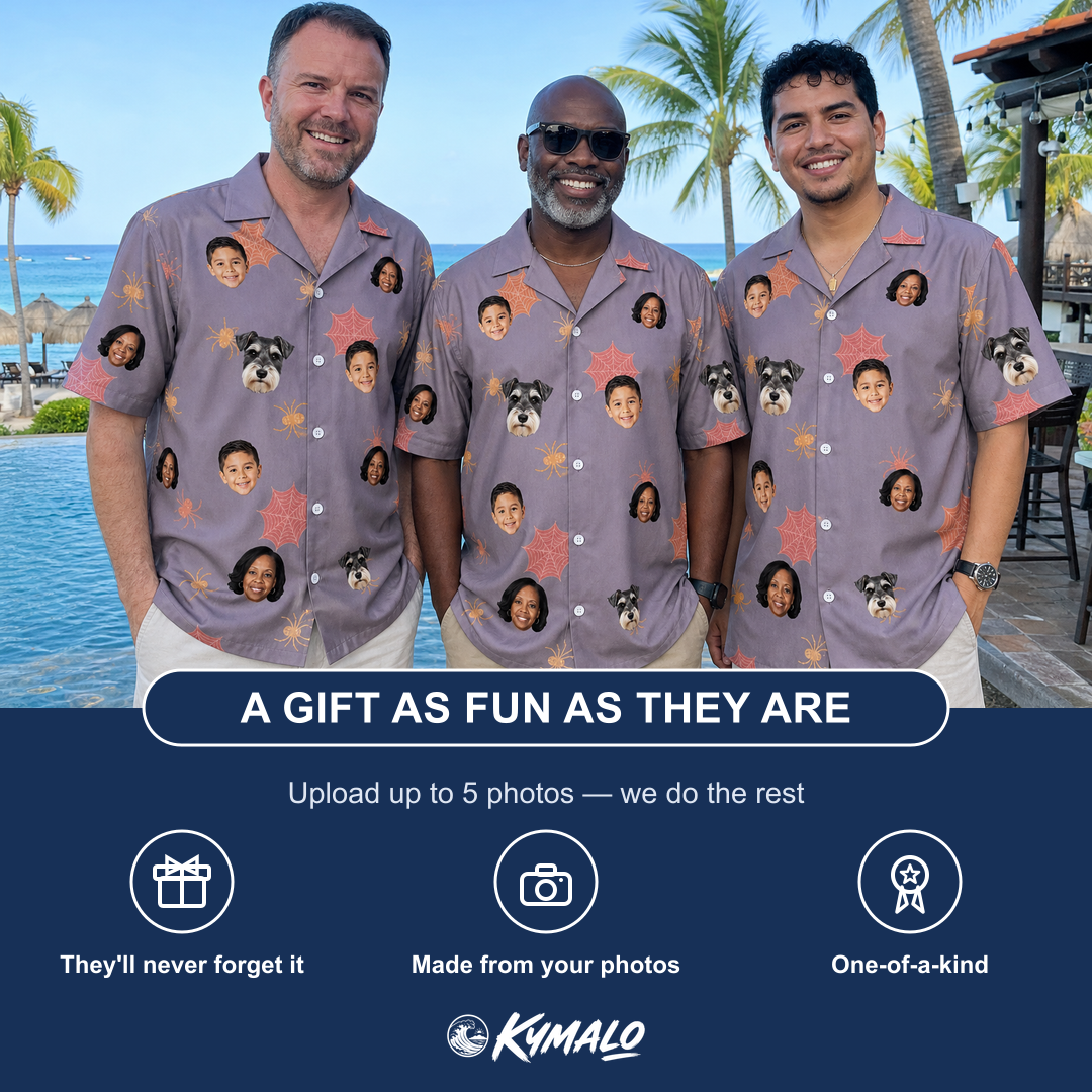 Friends in matching Men's Silken Scare Custom Face Hawaiian Shirt — a group gift photo
