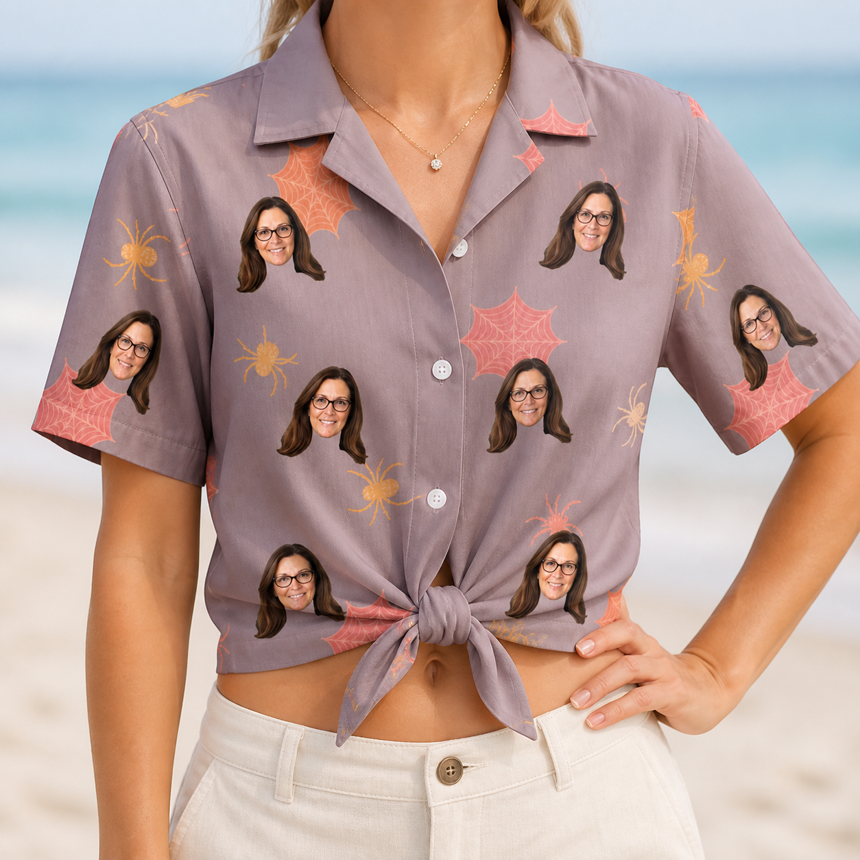 Woman wearing Women's Silken Scare Custom Face Hawaiian Shirt tied at the waist