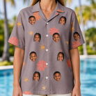 Model wearing Women's Silken Scare Custom Face Hawaiian Shirt printed with kids' faces