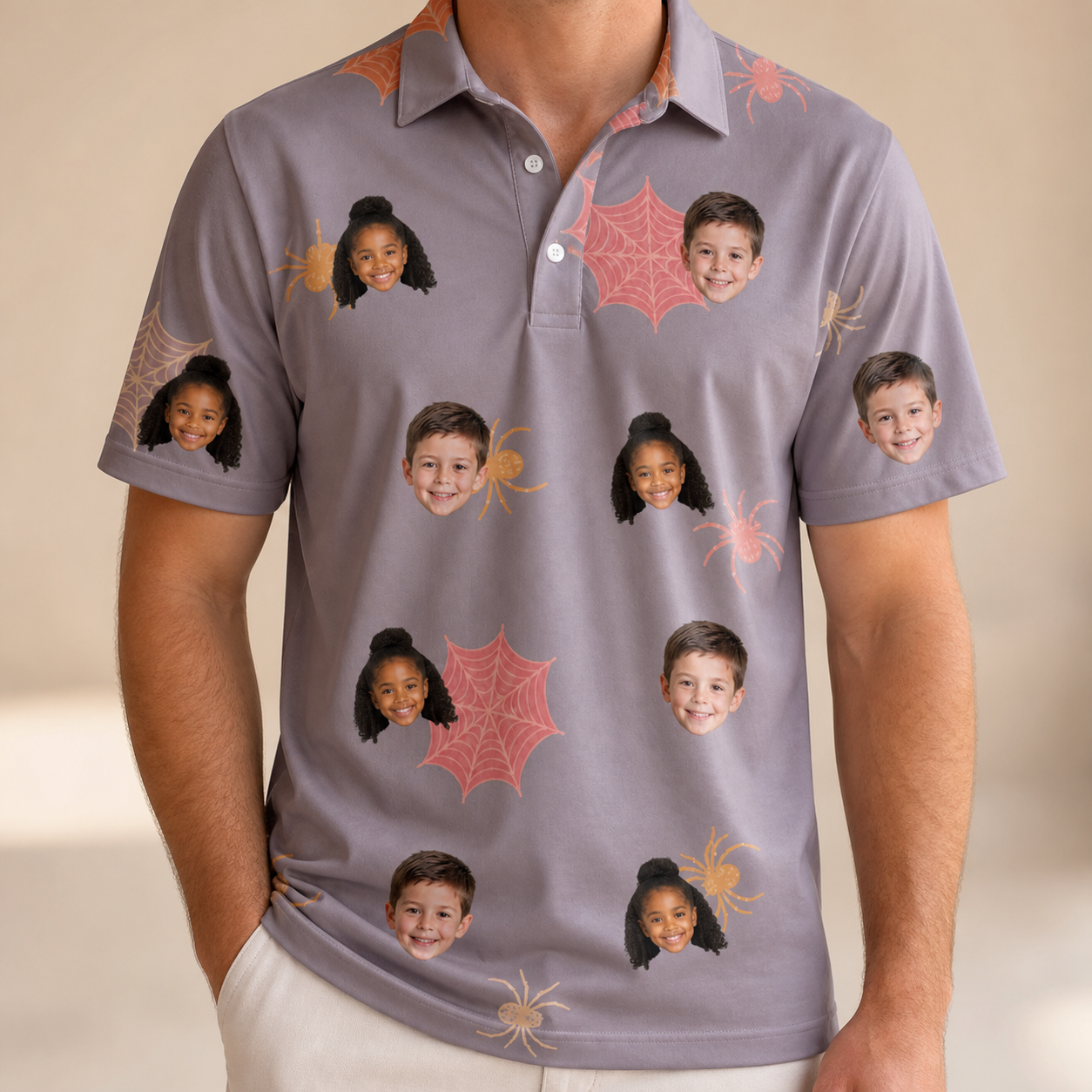 Model wearing Men's Silken Scare Custom Face Polo Shirt printed with kids' faces