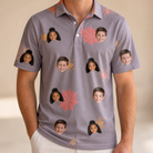 Model wearing Men's Silken Scare Custom Face Polo Shirt printed with kids' faces