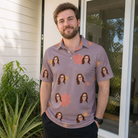 Real-life photo of someone wearing Men's Silken Scare Custom Face Polo Shirt — custom faces printed all-over