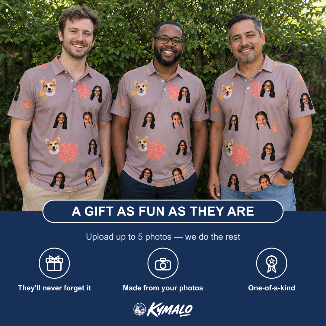 Friends in matching Men's Silken Scare Custom Face Polo Shirt — a group gift photo