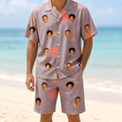 Model wearing Men's Silken Scare Custom Face Shirt & Shorts Set printed with kids' faces