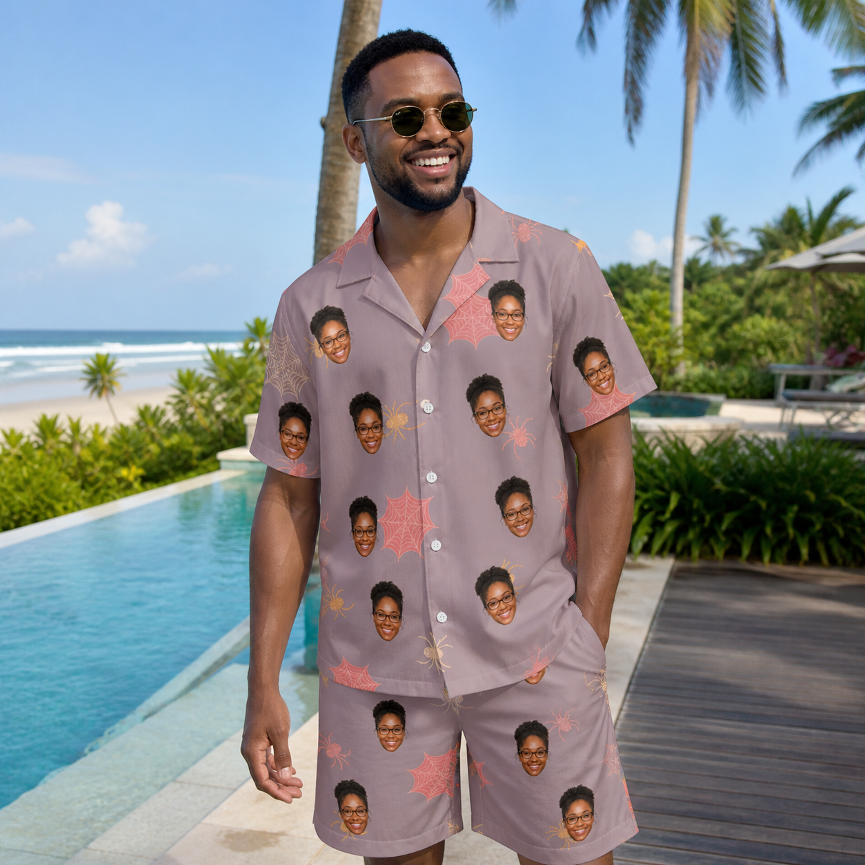 Real-life photo of someone wearing Men's Silken Scare Custom Face Shirt & Shorts Set — custom faces printed all-over