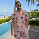 Real-life photo of someone wearing Men's Silken Scare Custom Face Shirt & Shorts Set — custom faces printed all-over