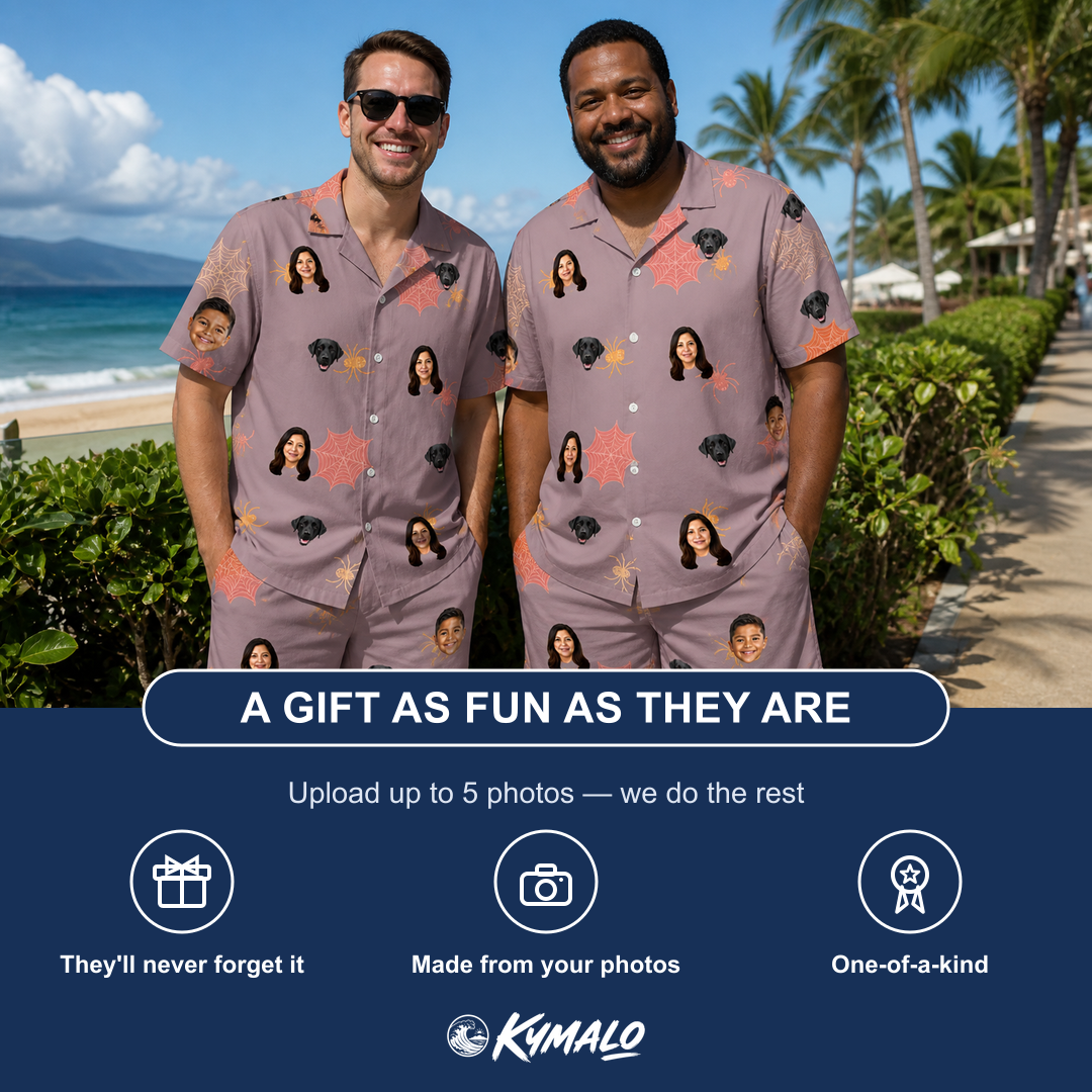 Friends in matching Men's Silken Scare Custom Face Shirt & Shorts Set — a group gift photo