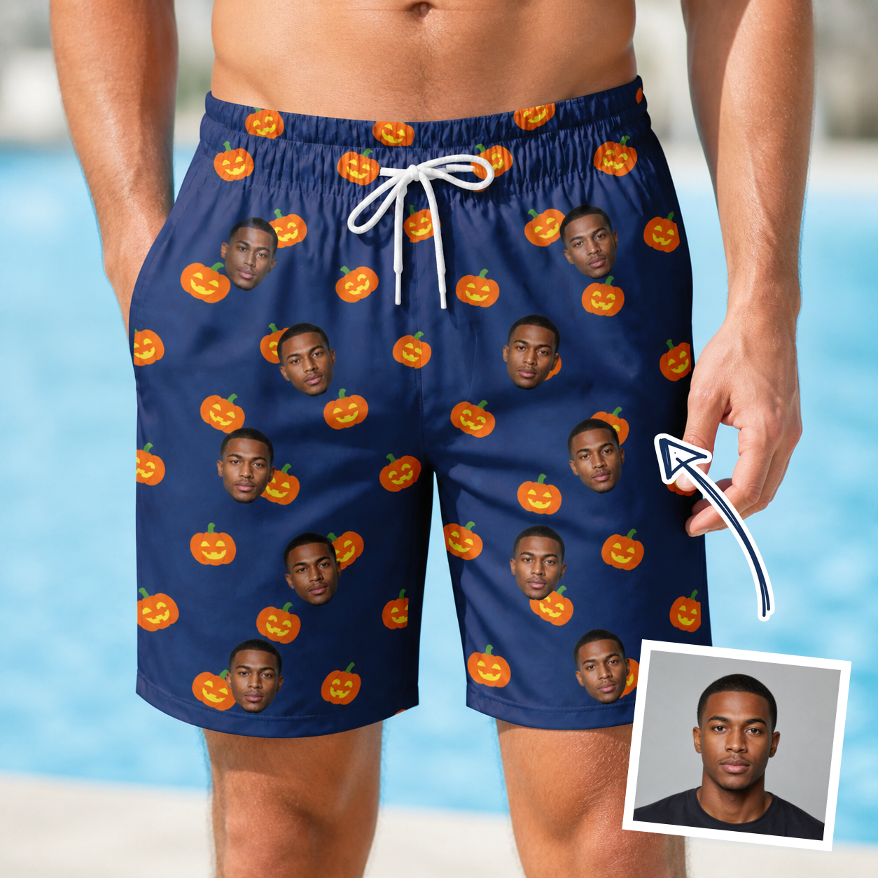 Man wearing Men's Orange Oddities Custom Face Beach Shorts — custom faces printed all-over
