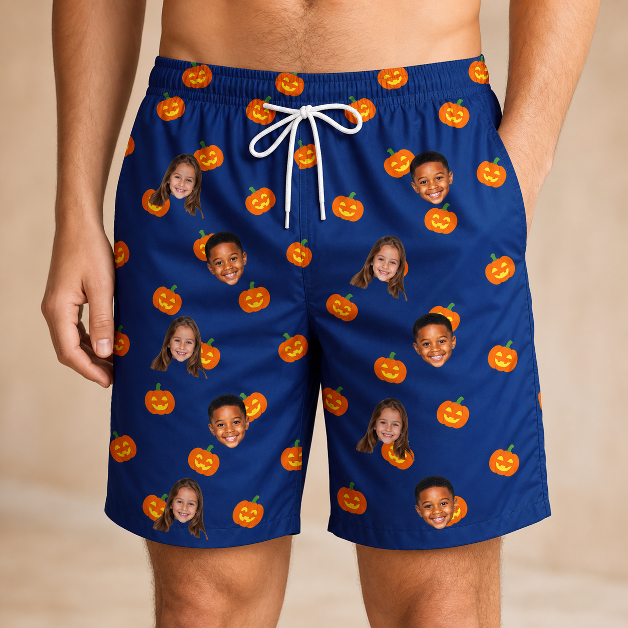Model wearing Men's Orange Oddities Custom Face Beach Shorts printed with kids' faces