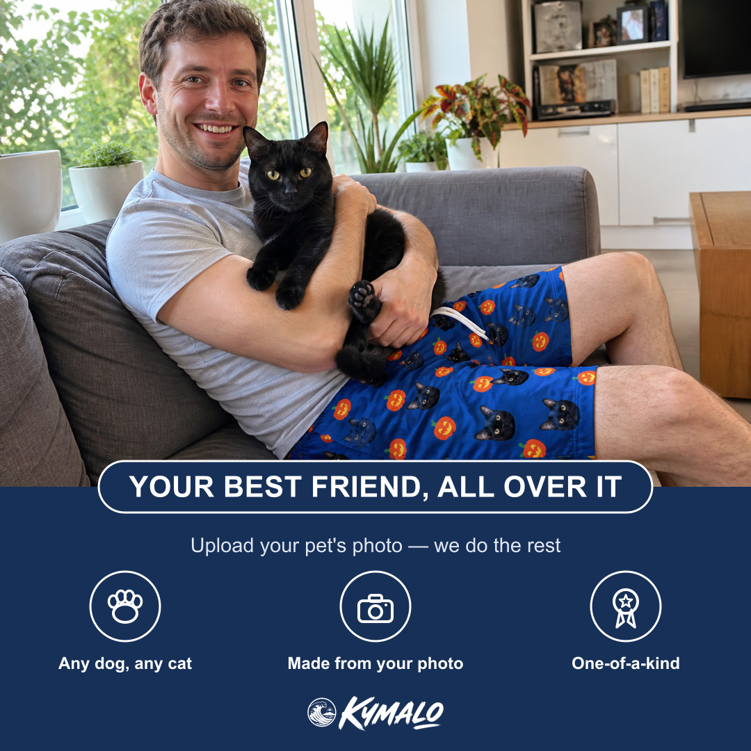 Friends in matching Men's Orange Oddities Custom Cat Face Beach Shorts — a group gift photo