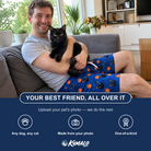Friends in matching Men's Orange Oddities Custom Cat Face Beach Shorts — a group gift photo