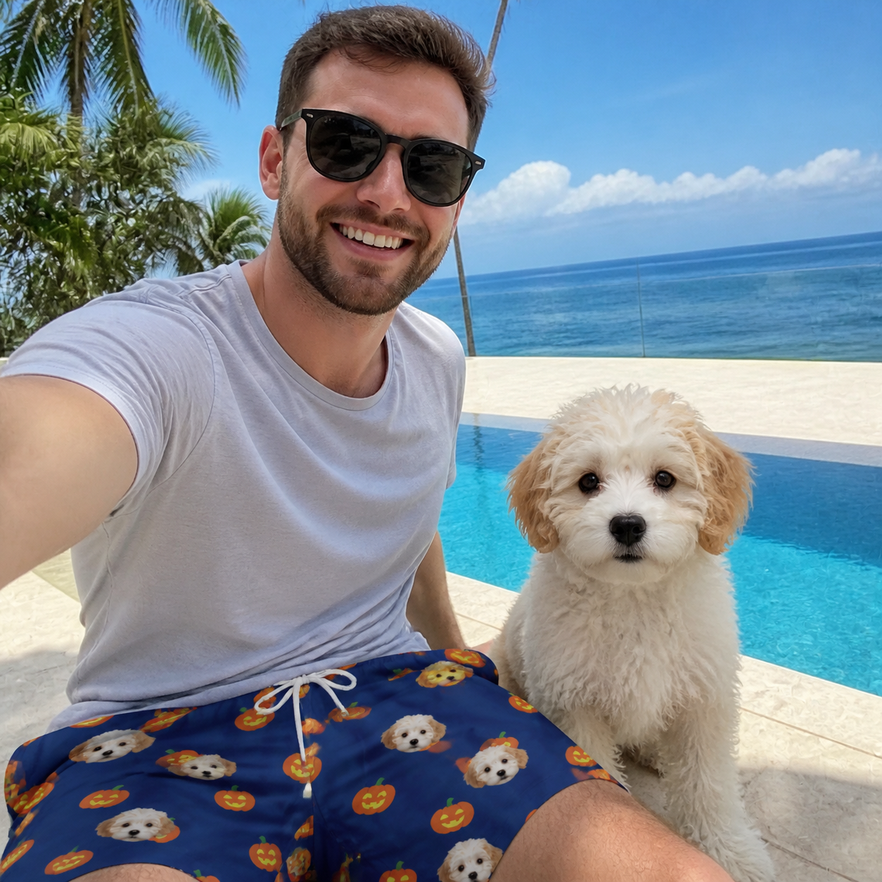 Selfie with the pet whose face is printed all over this Men's Orange Oddities Custom Dog Face Beach Shorts