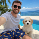 Selfie with the pet whose face is printed all over this Men's Orange Oddities Custom Dog Face Beach Shorts