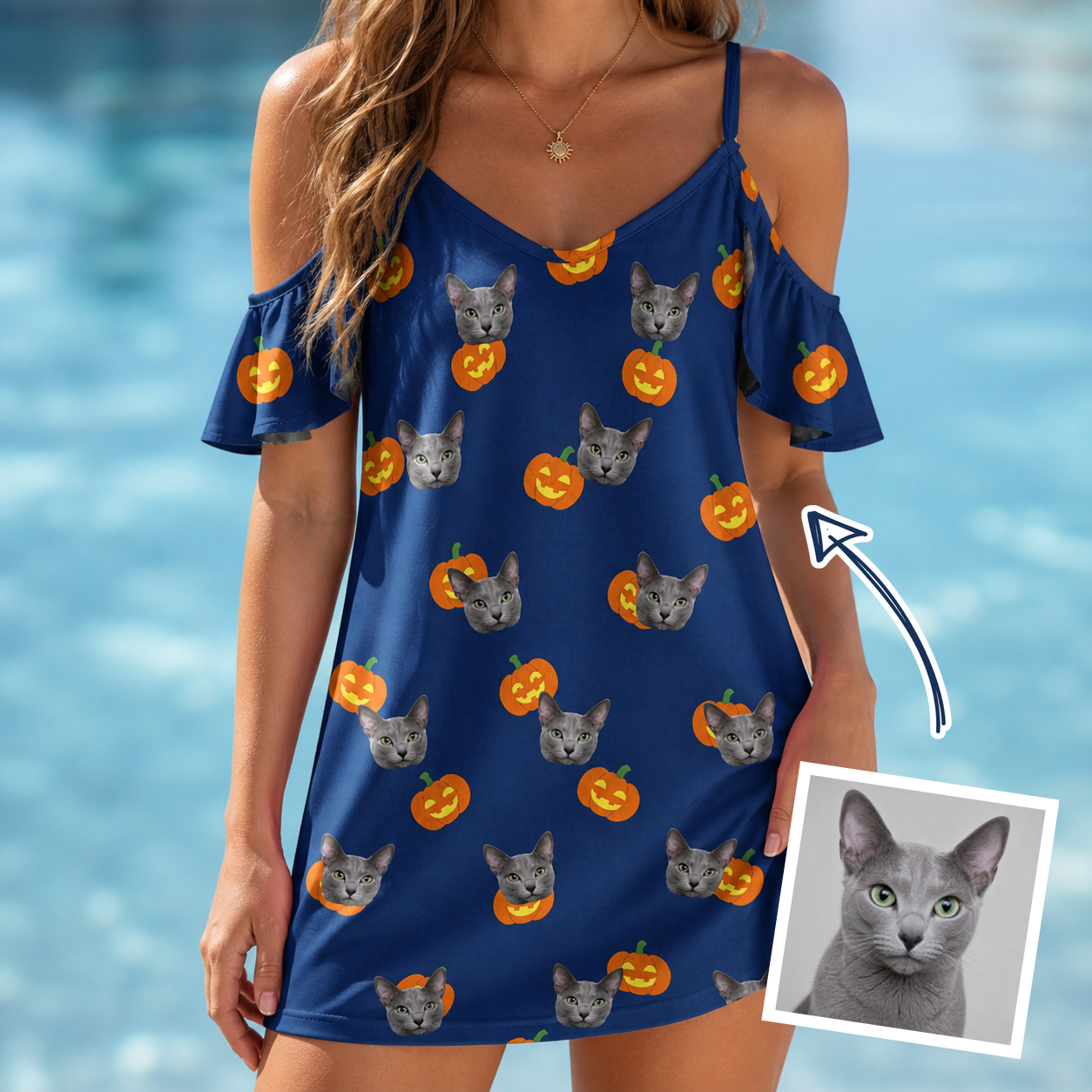 Woman wearing Women's Orange Oddities Custom Cat Face Off-Shoulder Dress — custom faces printed all-over