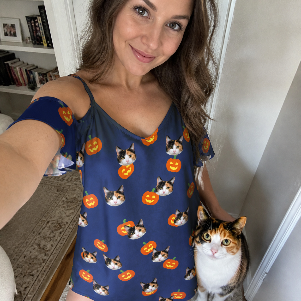 Selfie with the pet whose face is printed all over this Women's Orange Oddities Custom Cat Face Off-Shoulder Dress
