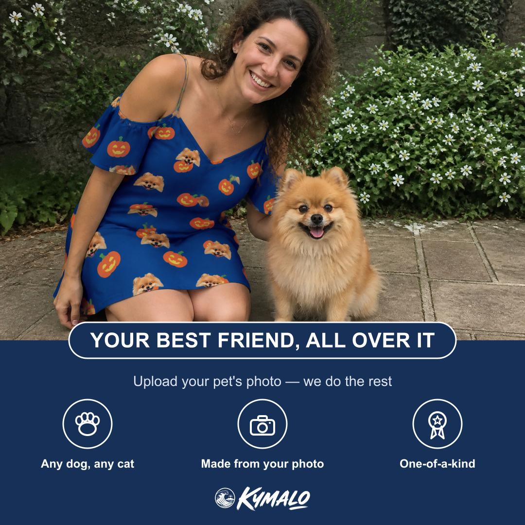 Friends in matching Women's Orange Oddities Custom Dog Face Off-Shoulder Dress — a group gift photo