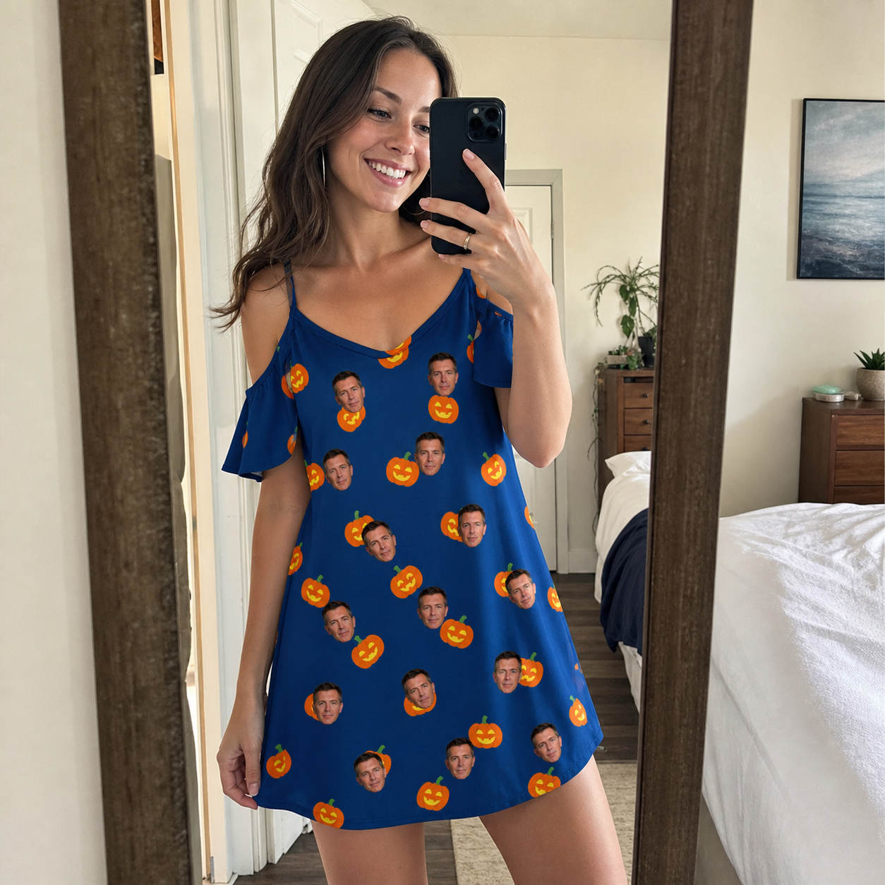 Real-life photo of someone wearing Women's Orange Oddities Custom Face Off-Shoulder Dress — custom faces printed all-over