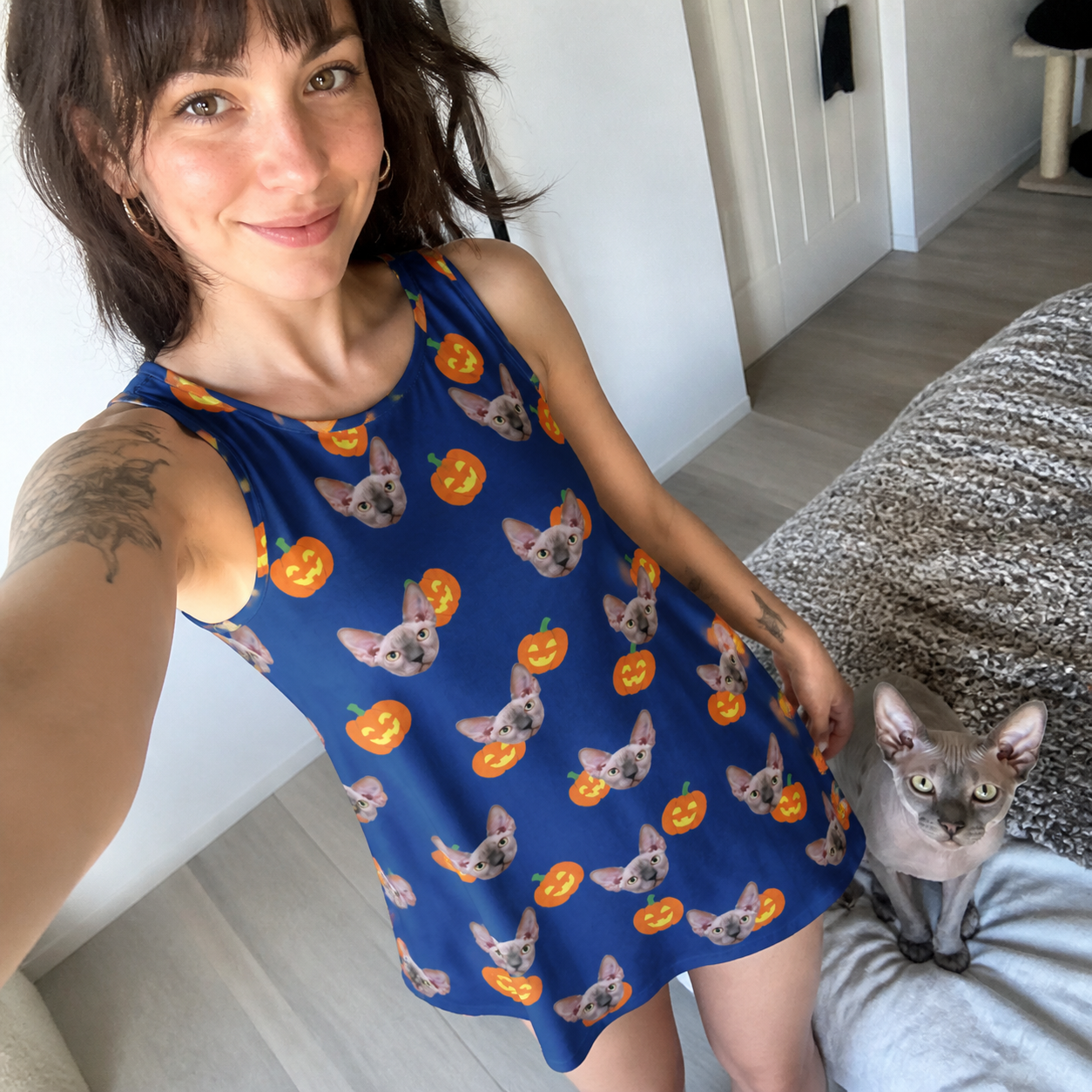 Selfie with the pet whose face is printed all over this Women's Orange Oddities Custom Cat Face Tank Dress