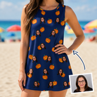Woman wearing Women's Orange Oddities Custom Face Tank Dress — custom faces printed all-over