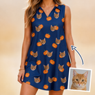Woman wearing Women's Orange Oddities Custom Cat Face V-Neck Dress — custom faces printed all-over