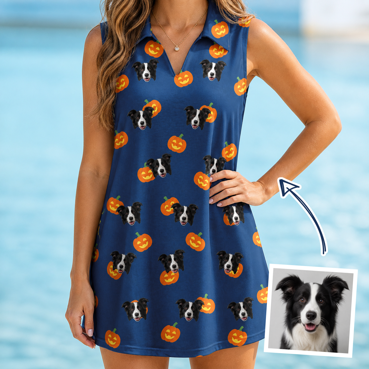 Woman wearing Women's Orange Oddities Custom Dog Face V-Neck Dress — custom faces printed all-over