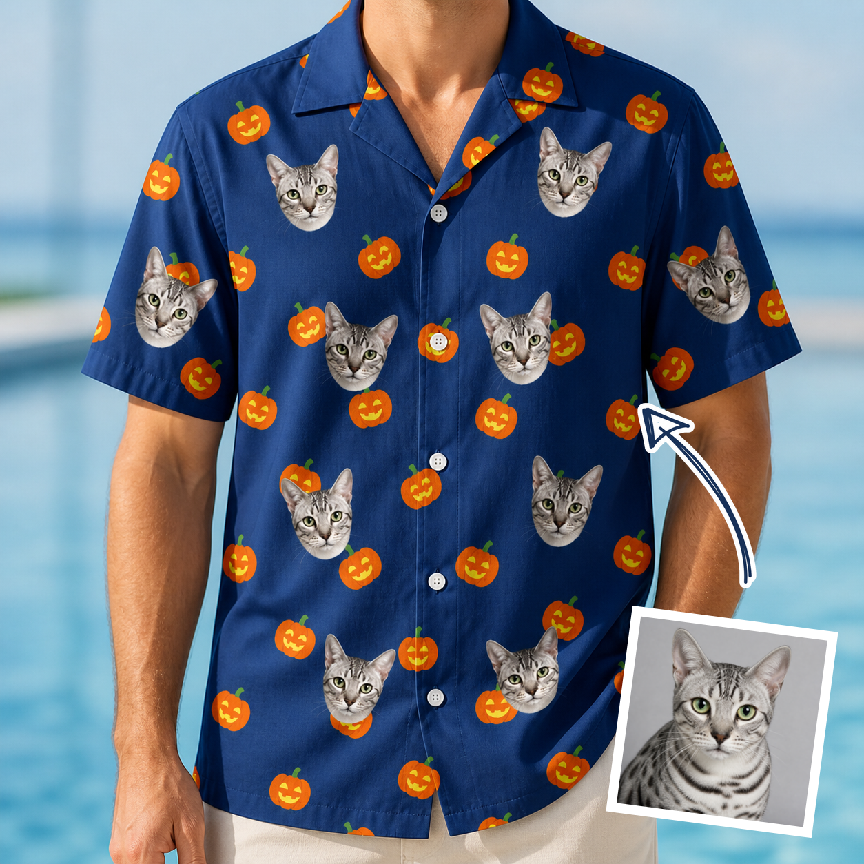 Man wearing Men's Orange Oddities Custom Cat Face Hawaiian Shirt — custom faces printed all-over