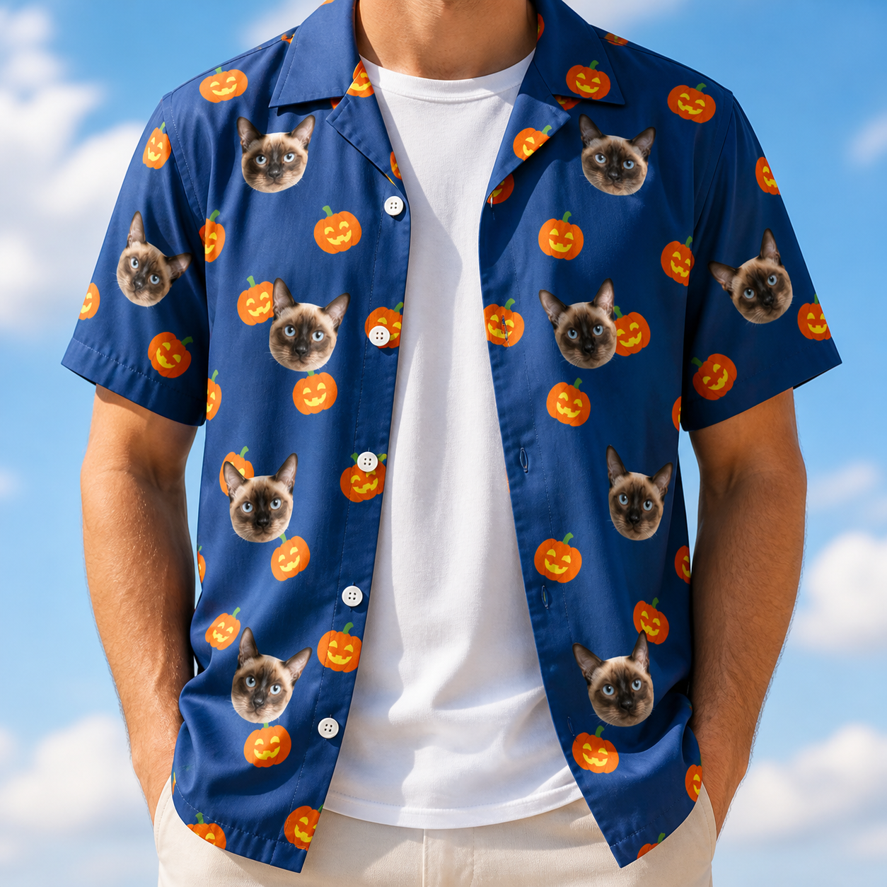 Man wearing Men's Orange Oddities Custom Cat Face Hawaiian Shirt open over a white tee