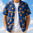 Man wearing Men's Orange Oddities Custom Cat Face Hawaiian Shirt open over a white tee