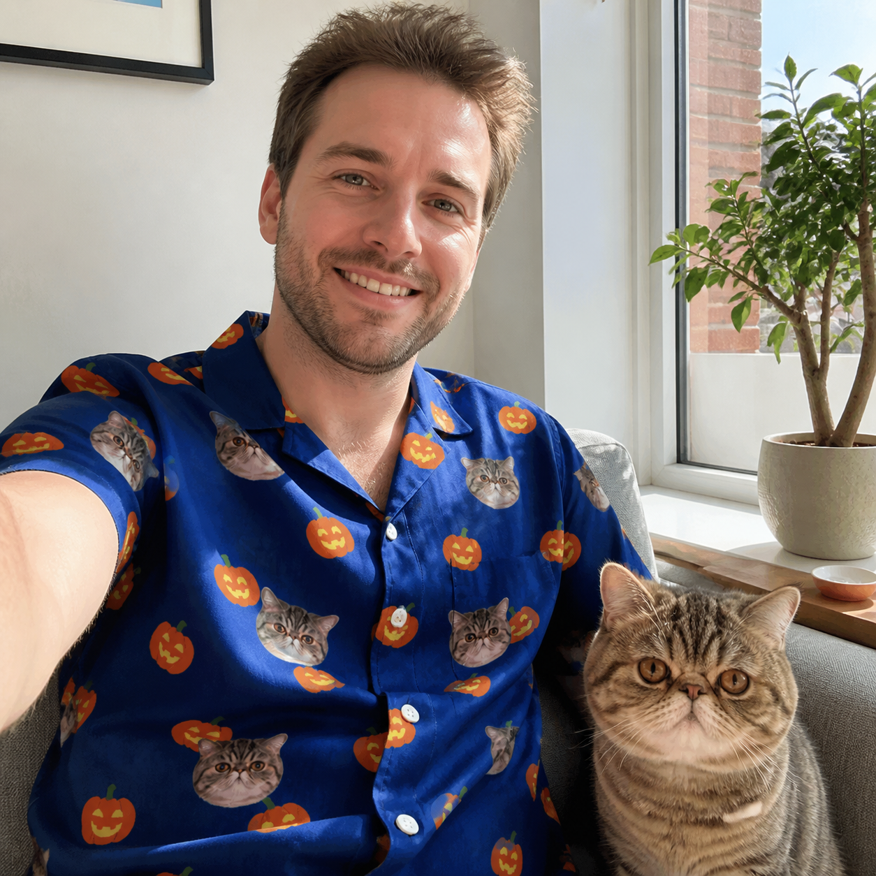 Selfie with the pet whose face is printed all over this Men's Orange Oddities Custom Cat Face Hawaiian Shirt