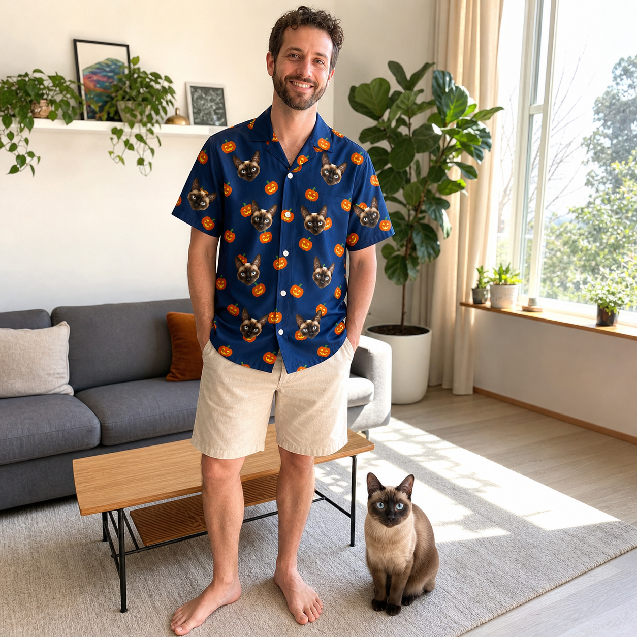 Full-length photo with the pet printed all over this Men's Orange Oddities Custom Cat Face Hawaiian Shirt