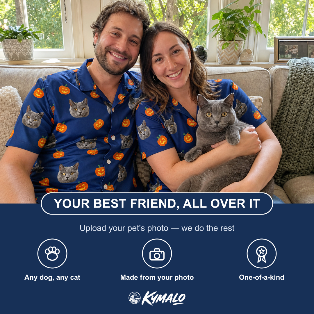 Friends in matching Men's Orange Oddities Custom Cat Face Hawaiian Shirt — a group gift photo