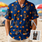 Man wearing Men's Orange Oddities Custom Dog Face Hawaiian Shirt — custom faces printed all-over