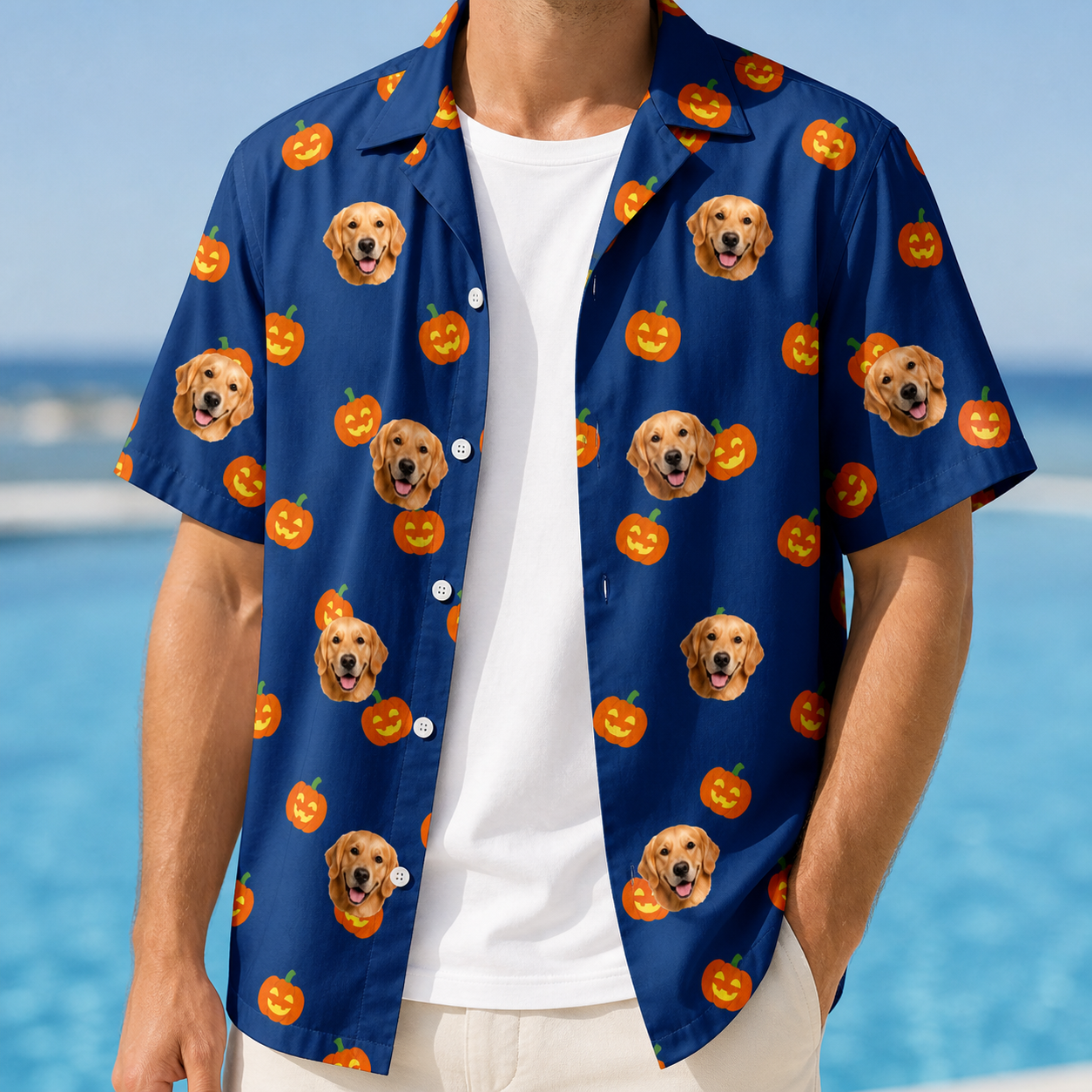 Man wearing Men's Orange Oddities Custom Dog Face Hawaiian Shirt open over a white tee