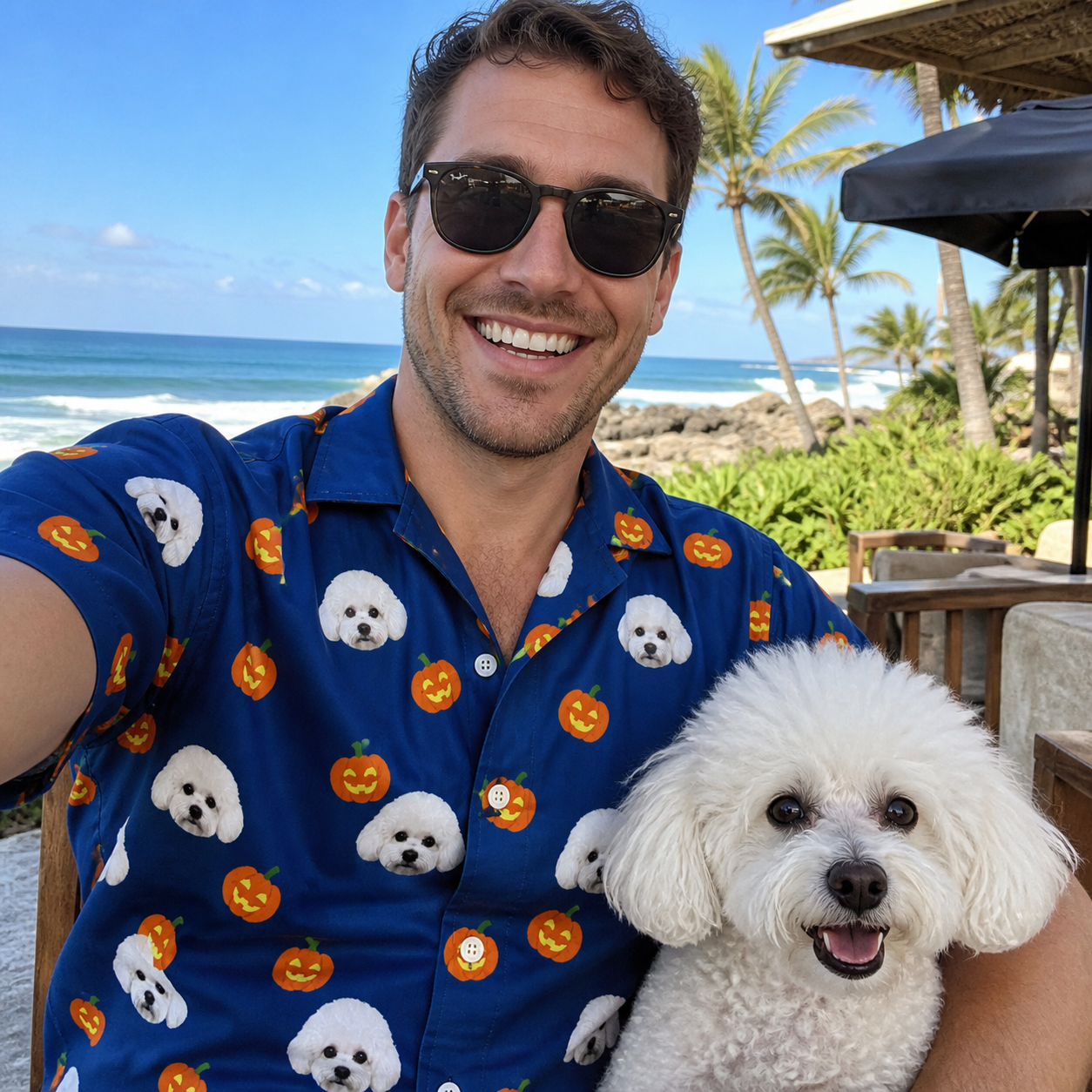 Selfie with the pet whose face is printed all over this Men's Orange Oddities Custom Dog Face Hawaiian Shirt