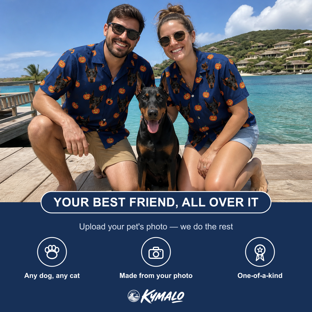 Friends in matching Men's Orange Oddities Custom Dog Face Hawaiian Shirt — a group gift photo