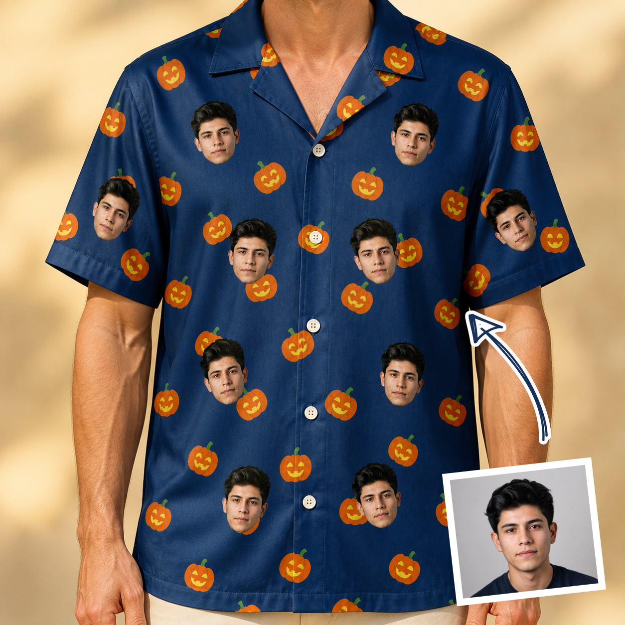 Man wearing Men's Orange Oddities Custom Face Hawaiian Shirt — custom faces printed all-over