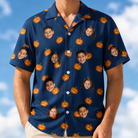 Model wearing Men's Orange Oddities Custom Face Hawaiian Shirt printed with kids' faces